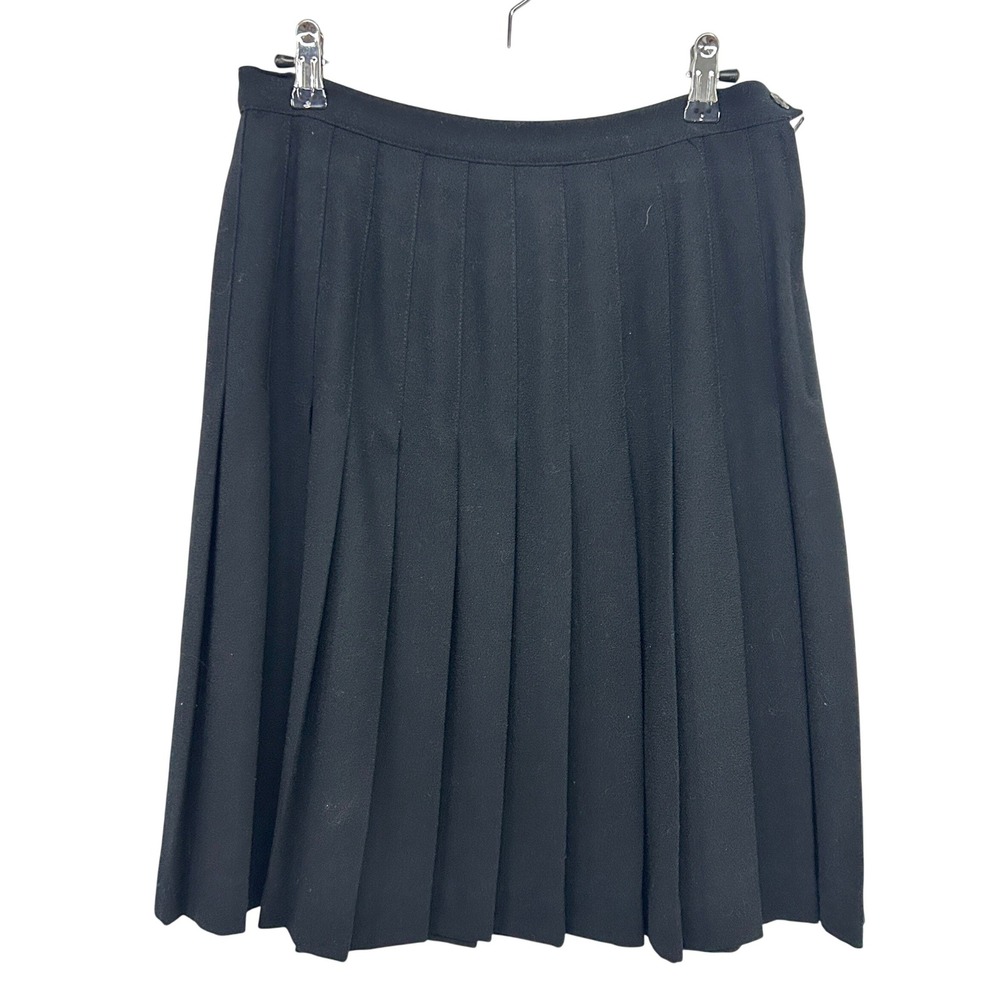 Preppy 100% Wool Pleated Knee Length Skirt 10P Black Dark Academia Classic